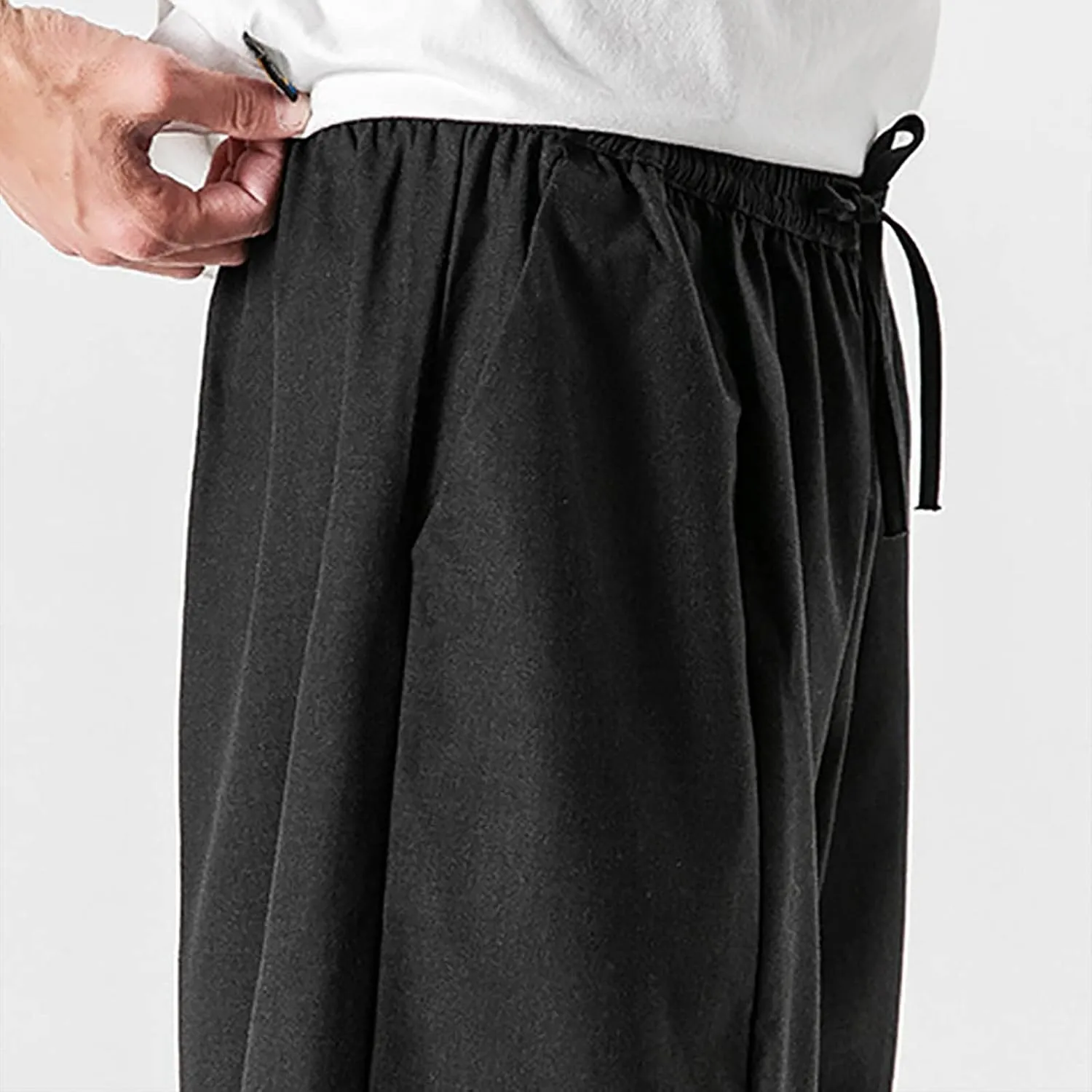 Mens Summer Linen Cotton Harem Pants Wide Leg Baggy Drawstring Bloomers Fashion Straight Leg Japanese Style Casual Trousers