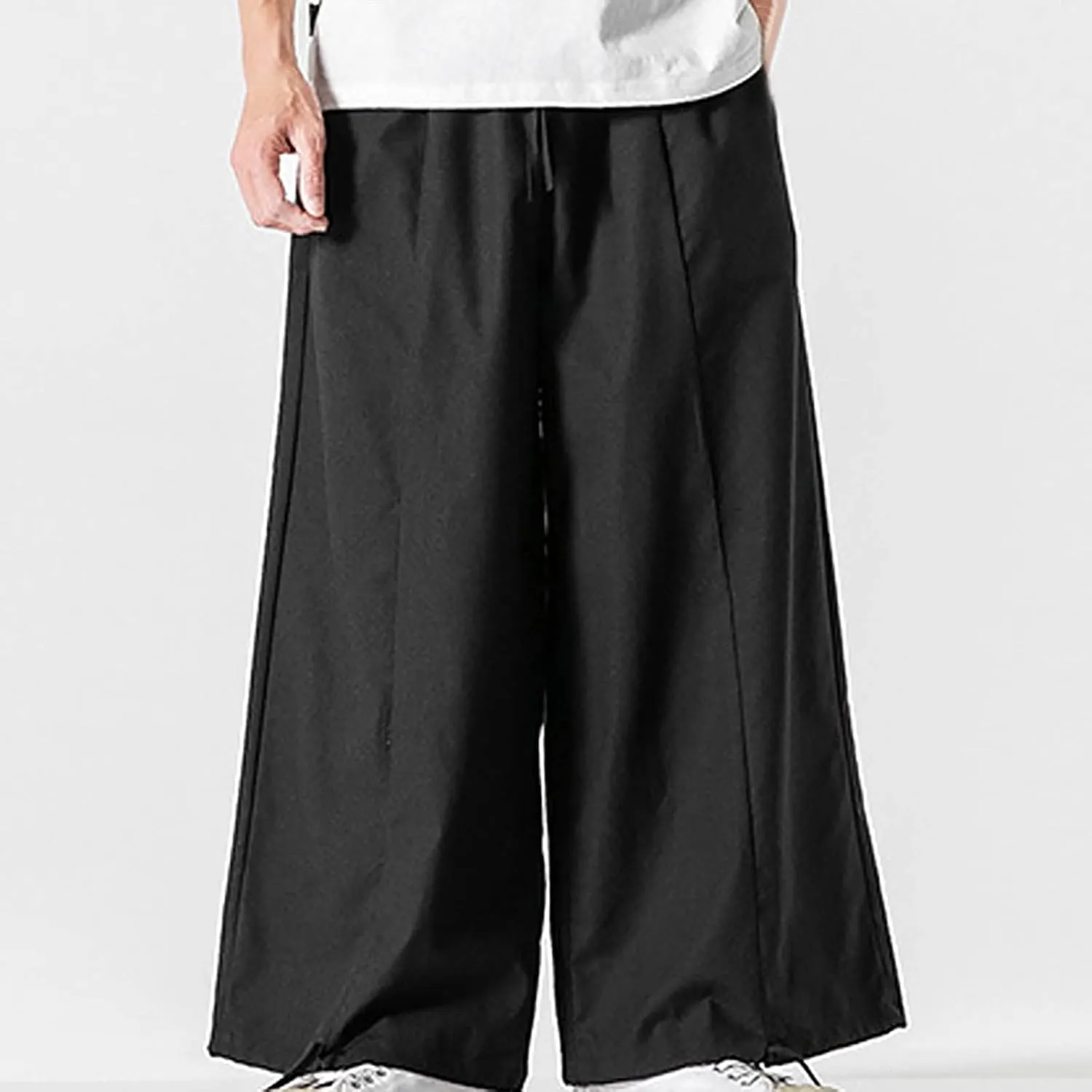 Mens Summer Linen Cotton Harem Pants Wide Leg Baggy Drawstring Bloomers Fashion Straight Leg Japanese Style Casual Trousers