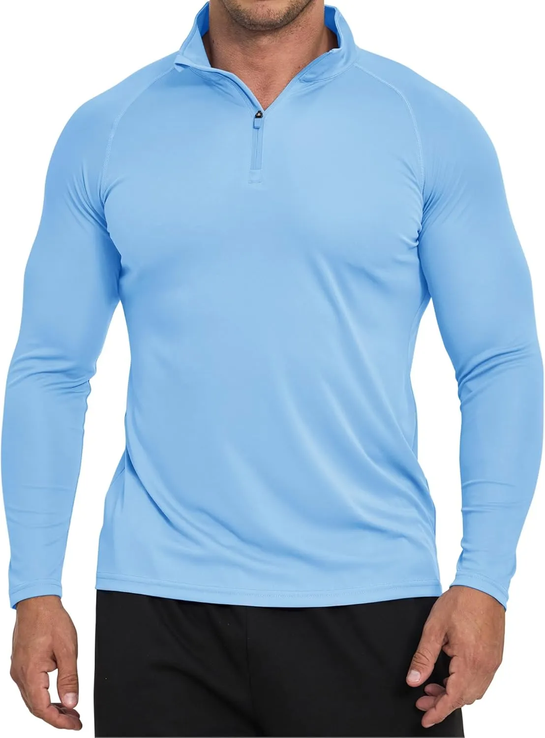 Men's Sun Protection Shirt Zip Long Sleeve Workout Pullover Tops Loose Fitting Quick Dry -Shirt