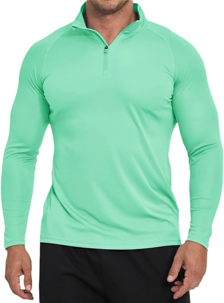 Men's Sun Protection Shirt Zip Long Sleeve Workout Pullover Tops Loose Fitting Quick Dry -Shirt