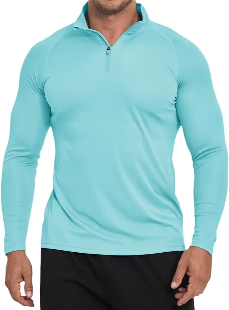 Men's Sun Protection Shirt Zip Long Sleeve Workout Pullover Tops Loose Fitting Quick Dry -Shirt