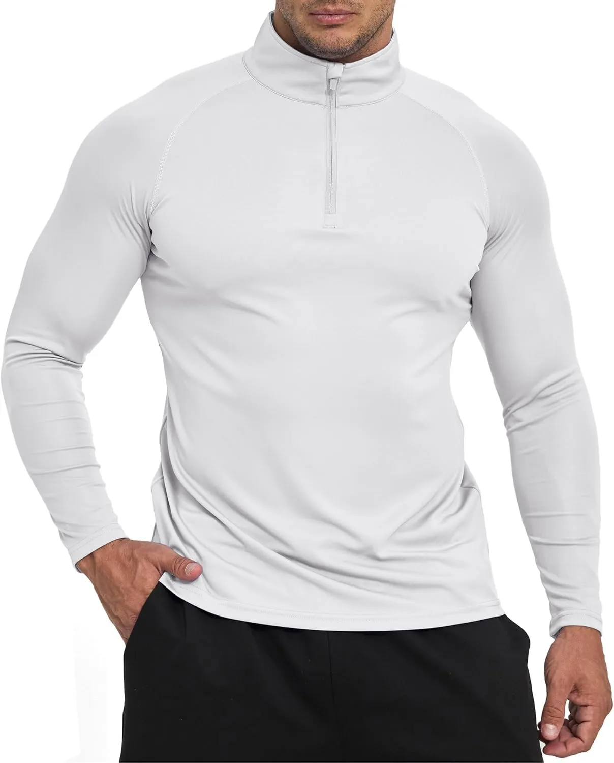 Men's Sun Protection Shirt Zip Long Sleeve Workout Pullover Tops Loose Fitting Quick Dry -Shirt