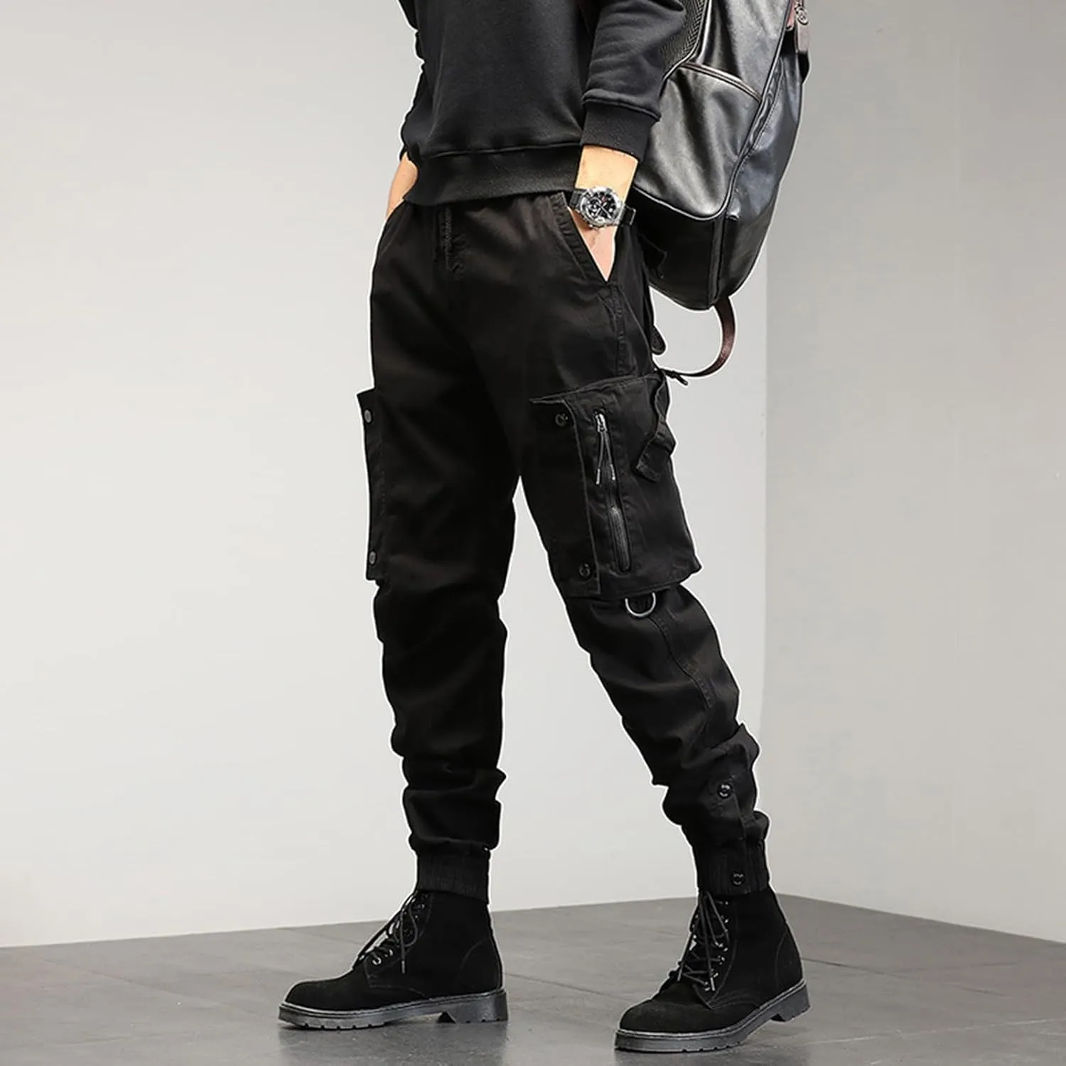 Men's Sweatpants Zipper Pockets Outdoor Hiking Foot Trousers Solid Color Casual Joggers Plus Size Fashion Cargo Pants