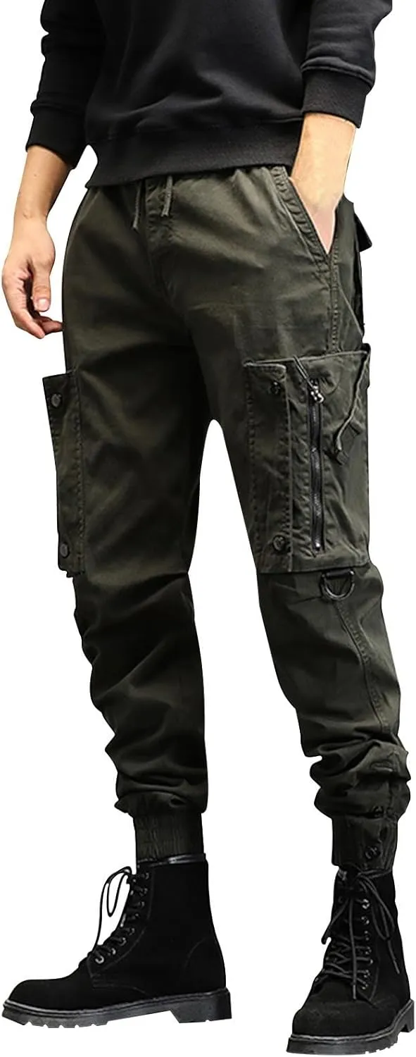 Men's Sweatpants Zipper Pockets Outdoor Hiking Foot Trousers Solid Color Casual Joggers Plus Size Fashion Cargo Pants
