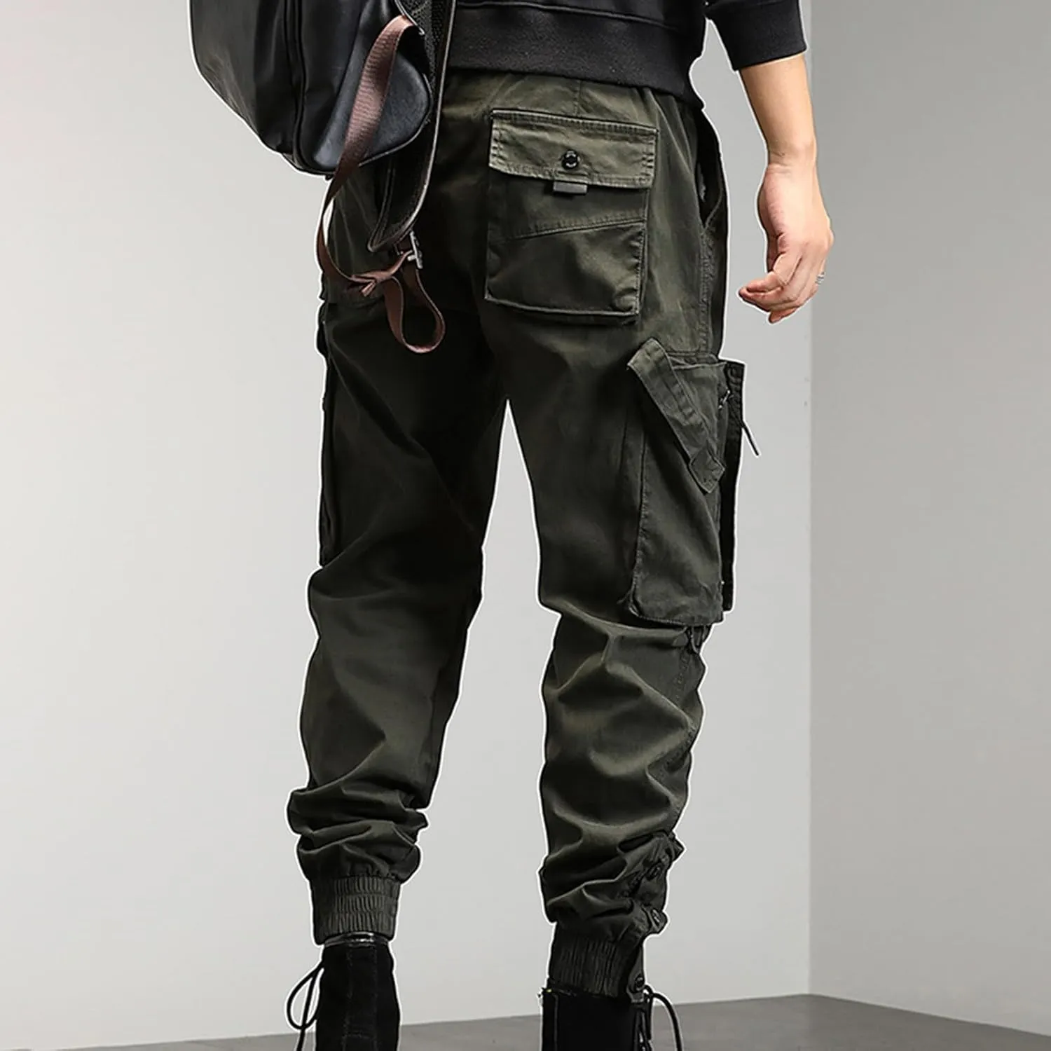 Men's Sweatpants Zipper Pockets Outdoor Hiking Foot Trousers Solid Color Casual Joggers Plus Size Fashion Cargo Pants