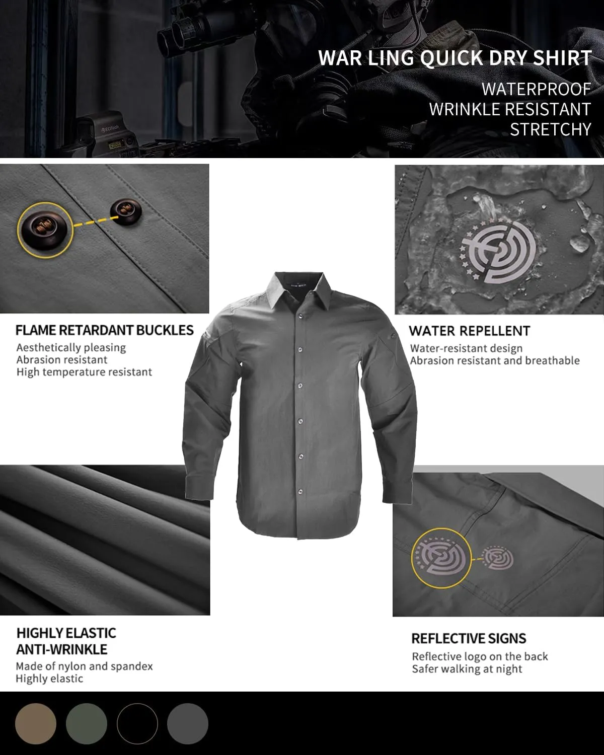 Men's Tactical Shirt Fishing Shirts Long Sleeve Sun Protection Breathable Quick Dry Work Shirt for Hiking