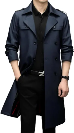 Mens Trench Coat Slim Fit Double Breasted Long Jacket Lapel Belt Fall Windproof CoatMid Long Windproof Coat