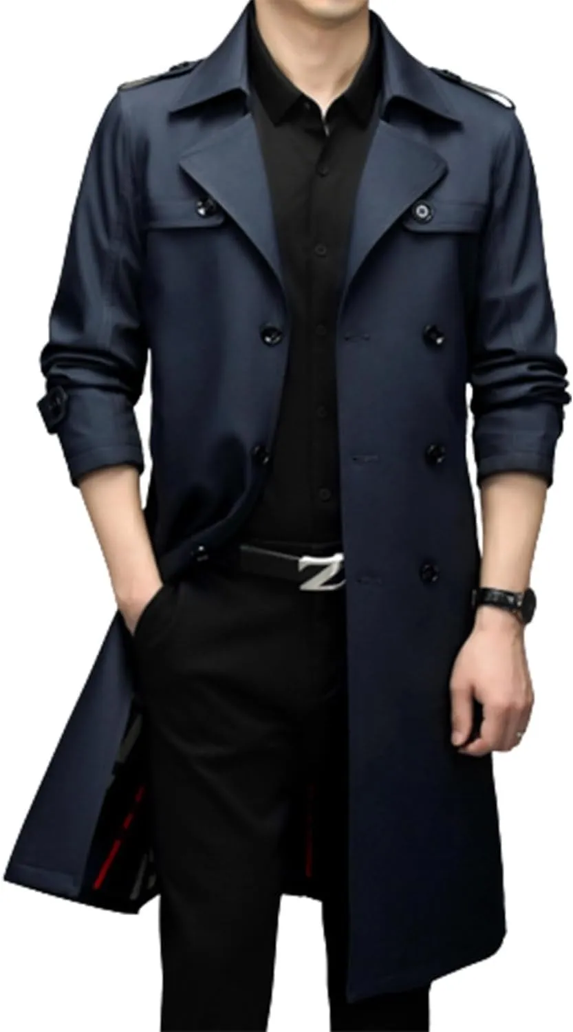 Mens Trench Coat Slim Fit Double Breasted Long Jacket Lapel Belt Fall Windproof CoatMid Long Windproof Coat