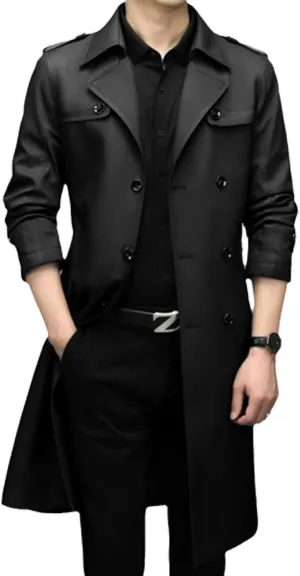 Mens Trench Coat Slim Fit Double Breasted Long Jacket Lapel Belt Fall Windproof CoatMid Long Windproof Coat