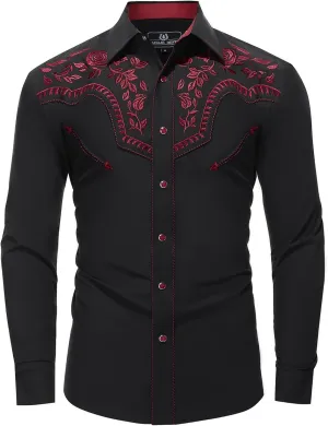 Men's Western Cowboy Shirt Embroidered Long Sleeve Casual Snap Button Down Shirt