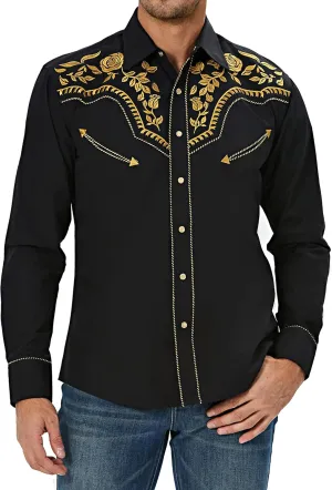 Men's Western Cowboy Shirt Embroidered Long Sleeve Casual Snap Button Down Shirt