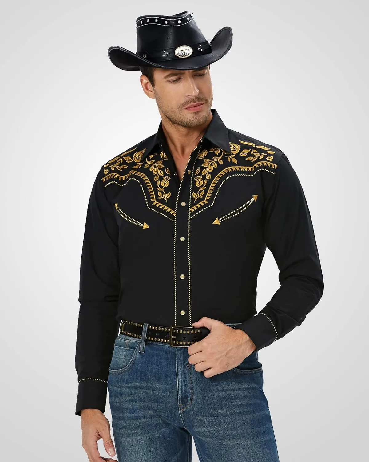 Men's Western Cowboy Shirt Embroidered Long Sleeve Casual Snap Button Down Shirt