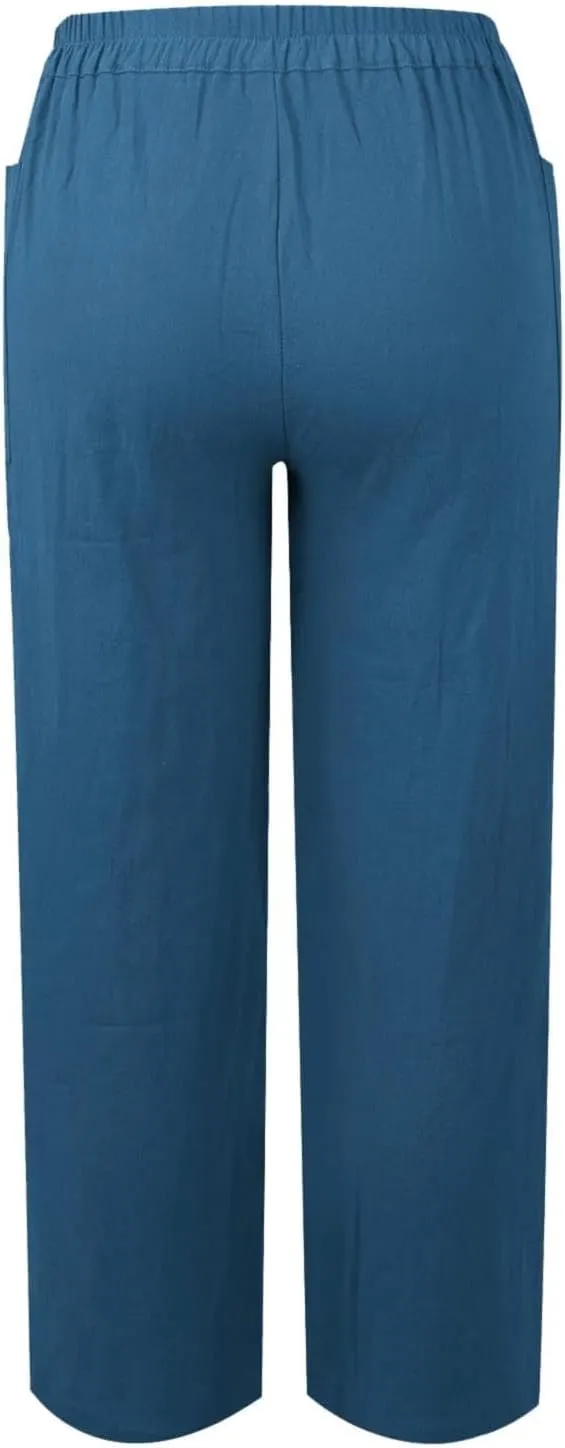 Miyaomn Casual Button-Fly Linen Pants for Women Elastic Waist in The Back Wide Leg Casual Joggers Summer Cotton Work Trousers