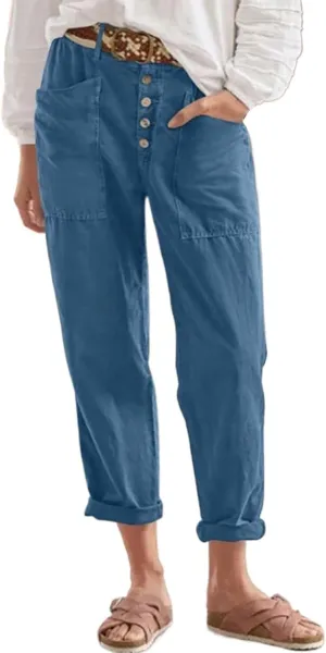 Miyaomn Casual Button-Fly Linen Pants for Women Elastic Waist in The Back Wide Leg Casual Joggers Summer Cotton Work Trousers