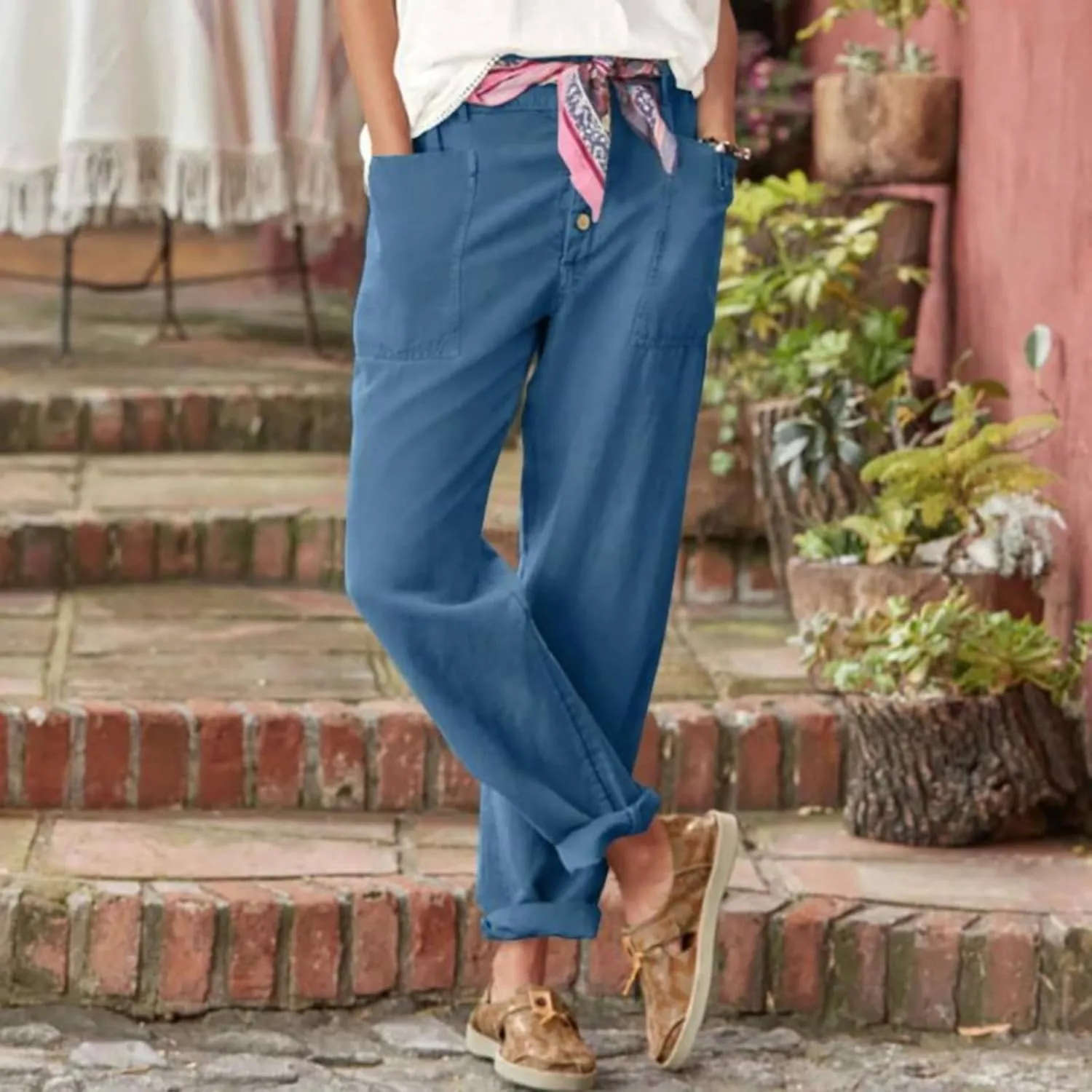 Miyaomn Casual Button-Fly Linen Pants for Women Elastic Waist in The Back Wide Leg Casual Joggers Summer Cotton Work Trousers