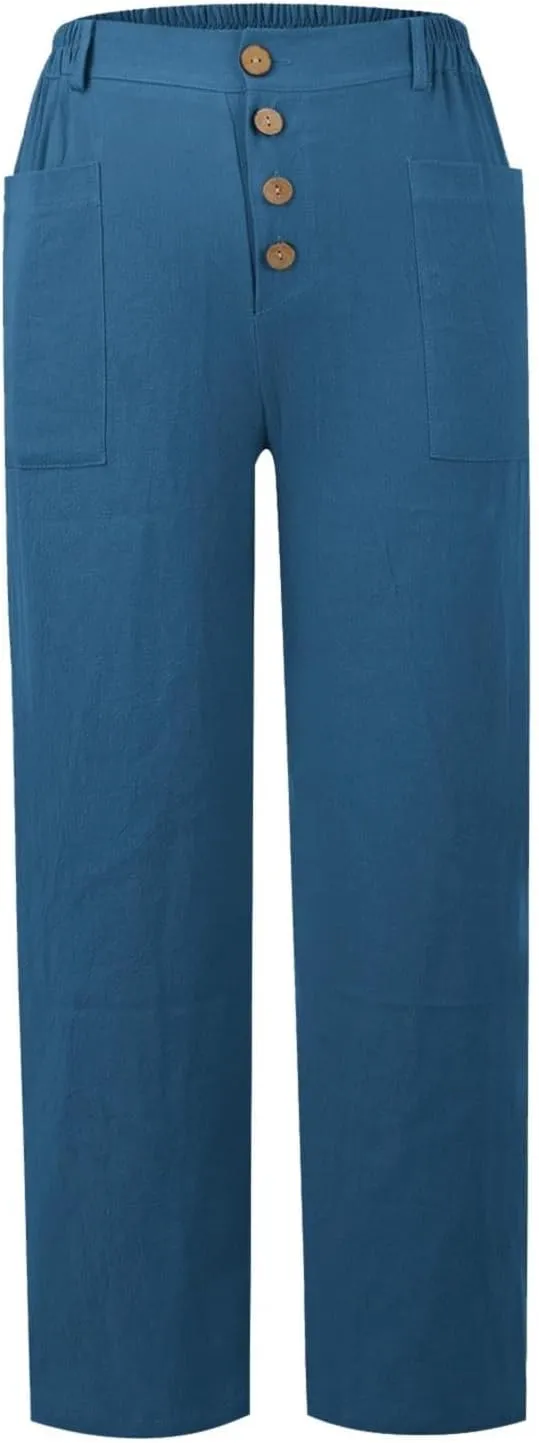 Miyaomn Casual Button-Fly Linen Pants for Women Elastic Waist in The Back Wide Leg Casual Joggers Summer Cotton Work Trousers