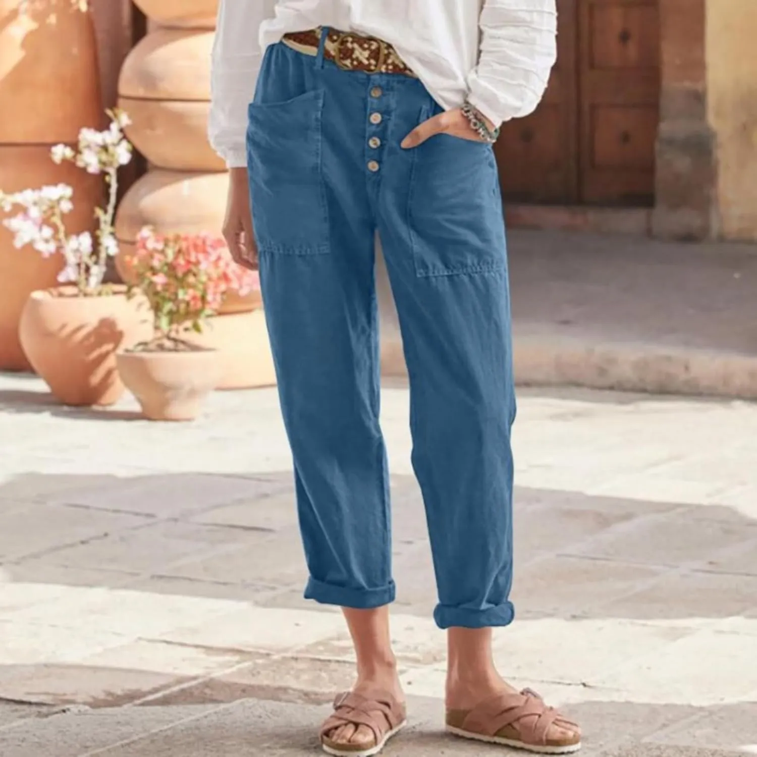 Miyaomn Casual Button-Fly Linen Pants for Women Elastic Waist in The Back Wide Leg Casual Joggers Summer Cotton Work Trousers
