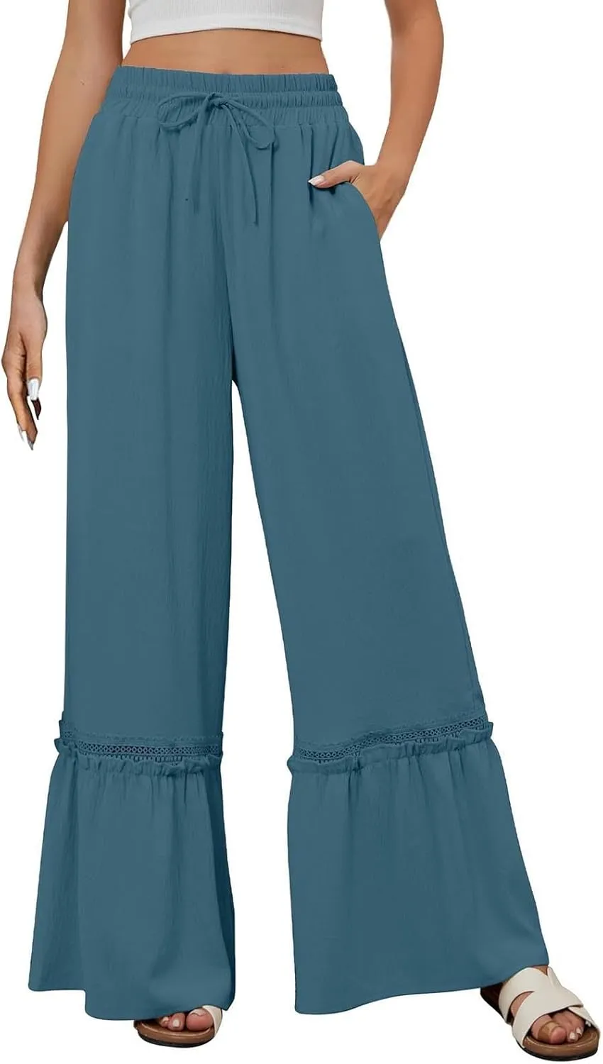 Miyaomn Women's High Waisted Flowy Palazzo Pants Wide Leg Drawstring Beach Trousers Dressy Lace Tiered Ruffled Summer Outfits