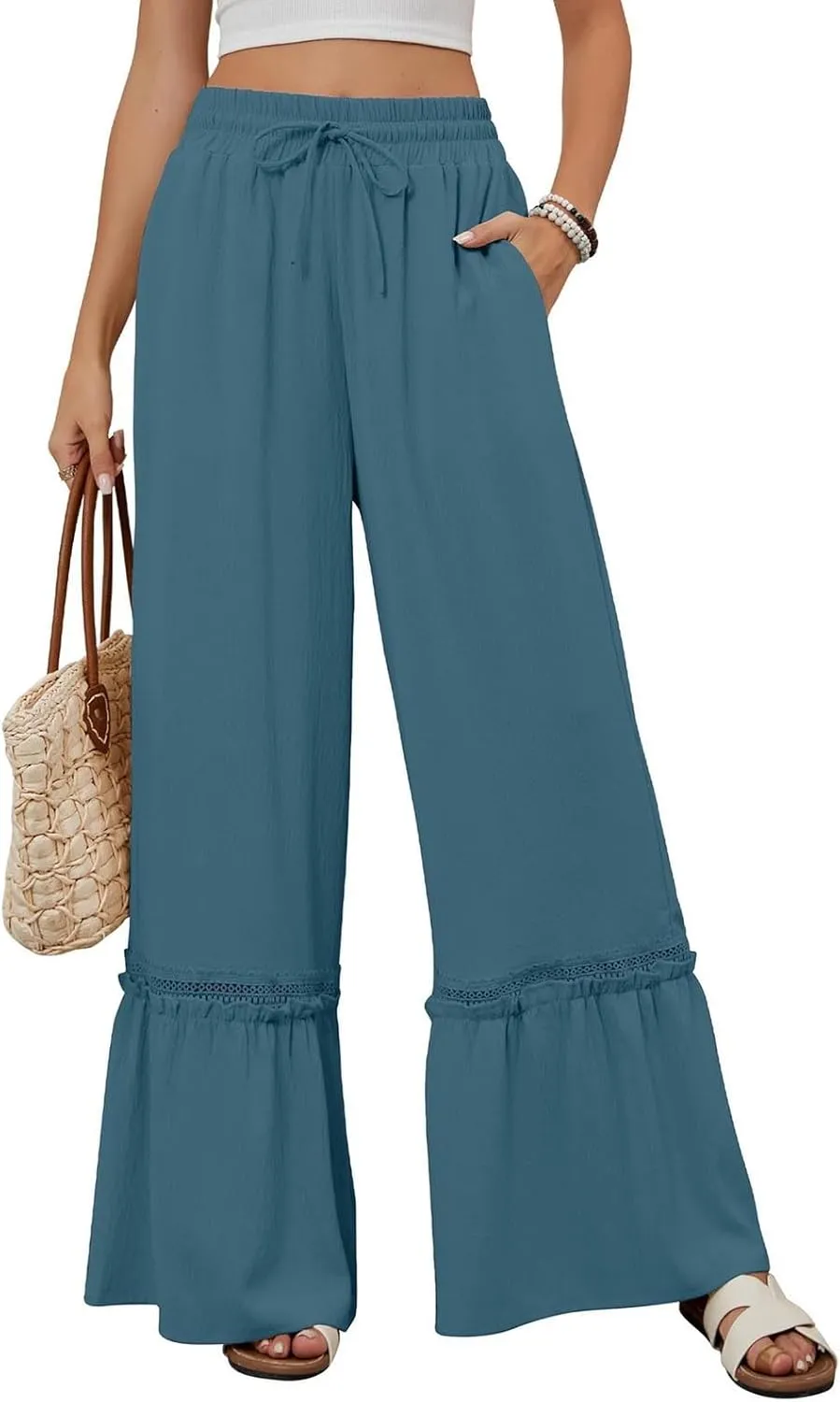 Miyaomn Women's High Waisted Flowy Palazzo Pants Wide Leg Drawstring Beach Trousers Dressy Lace Tiered Ruffled Summer Outfits