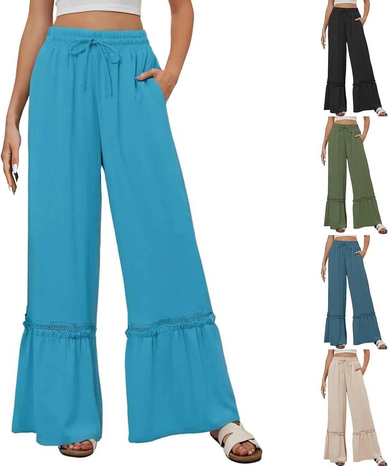 Miyaomn Women's High Waisted Flowy Palazzo Pants Wide Leg Drawstring Beach Trousers Dressy Lace Tiered Ruffled Summer Outfits