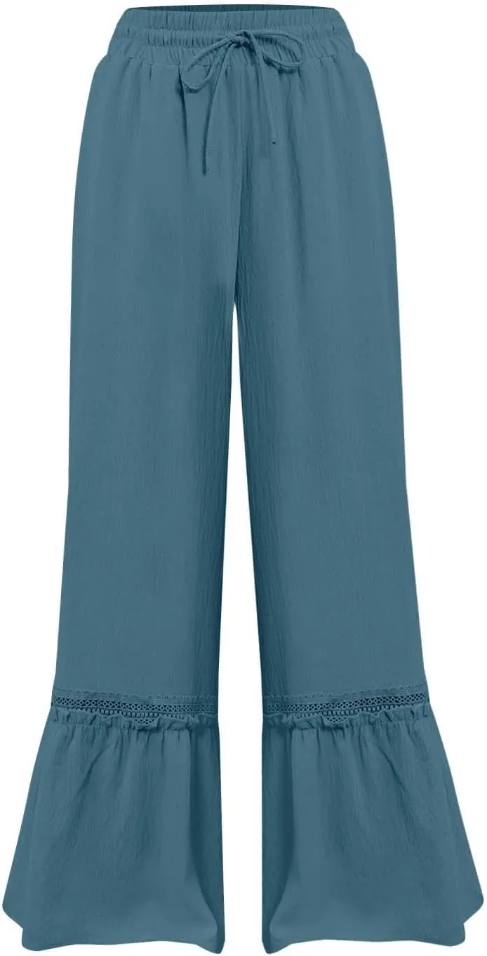 Miyaomn Women's High Waisted Flowy Palazzo Pants Wide Leg Drawstring Beach Trousers Dressy Lace Tiered Ruffled Summer Outfits