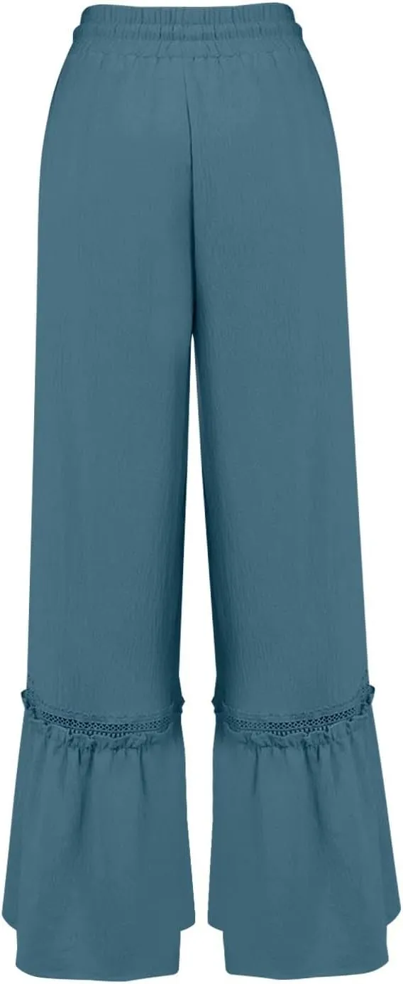 Miyaomn Women's High Waisted Flowy Palazzo Pants Wide Leg Drawstring Beach Trousers Dressy Lace Tiered Ruffled Summer Outfits