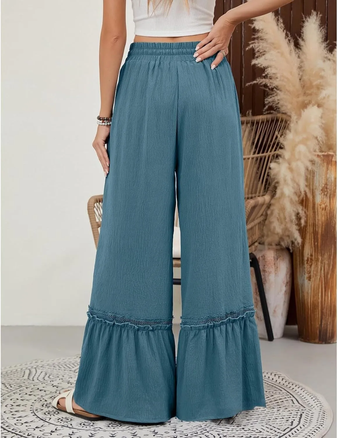 Miyaomn Women's High Waisted Flowy Palazzo Pants Wide Leg Drawstring Beach Trousers Dressy Lace Tiered Ruffled Summer Outfits