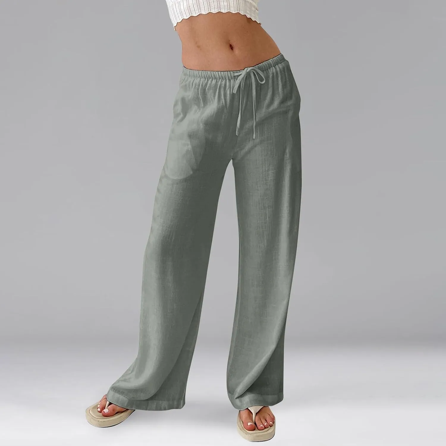 Miyaomn Women's Linen Pants for Summer High Waisted Drawstring Wide Leg Palazzo Pants Casual Boho Beach Trousers with Pockets