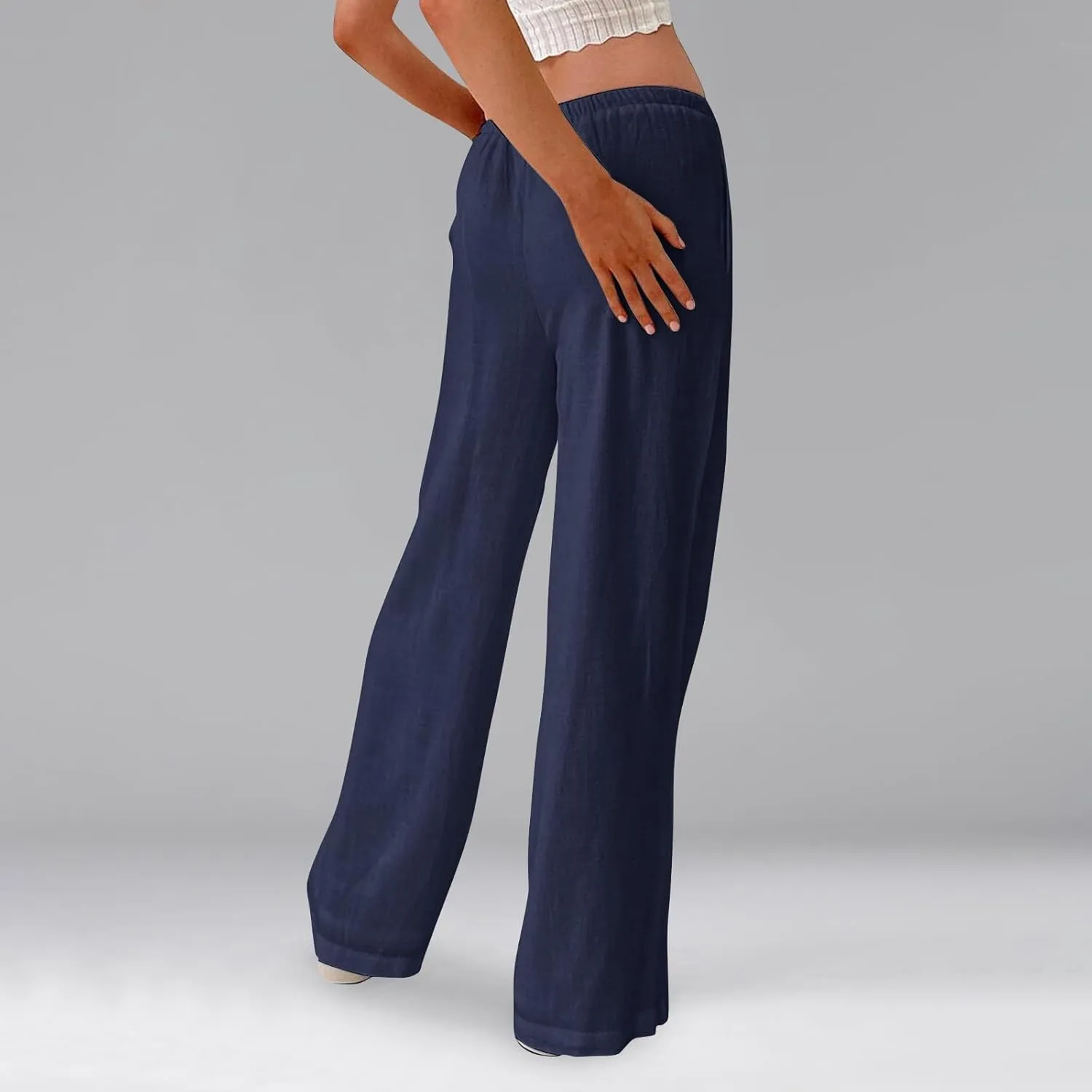 Miyaomn Women's Linen Pants for Summer High Waisted Drawstring Wide Leg Palazzo Pants Casual Boho Beach Trousers with Pockets