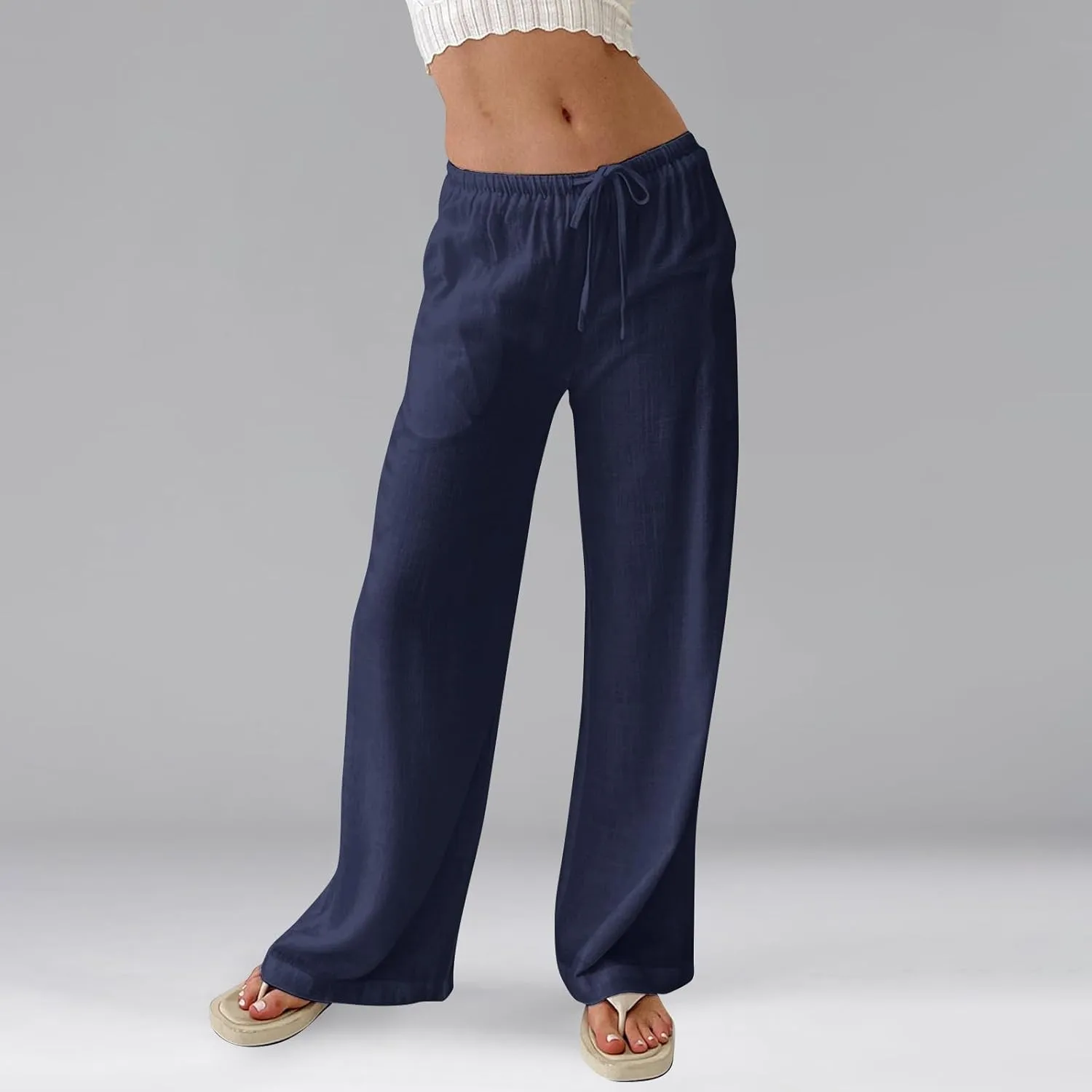 Miyaomn Women's Linen Pants for Summer High Waisted Drawstring Wide Leg Palazzo Pants Casual Boho Beach Trousers with Pockets