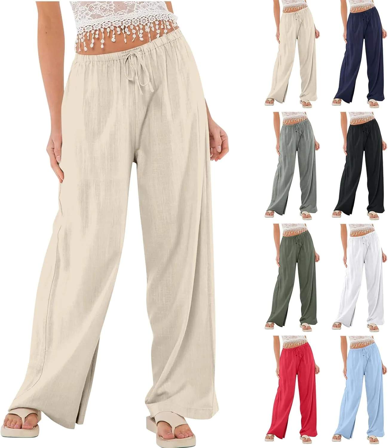 Miyaomn Women's Linen Pants for Summer High Waisted Drawstring Wide Leg Palazzo Pants Casual Boho Beach Trousers with Pockets