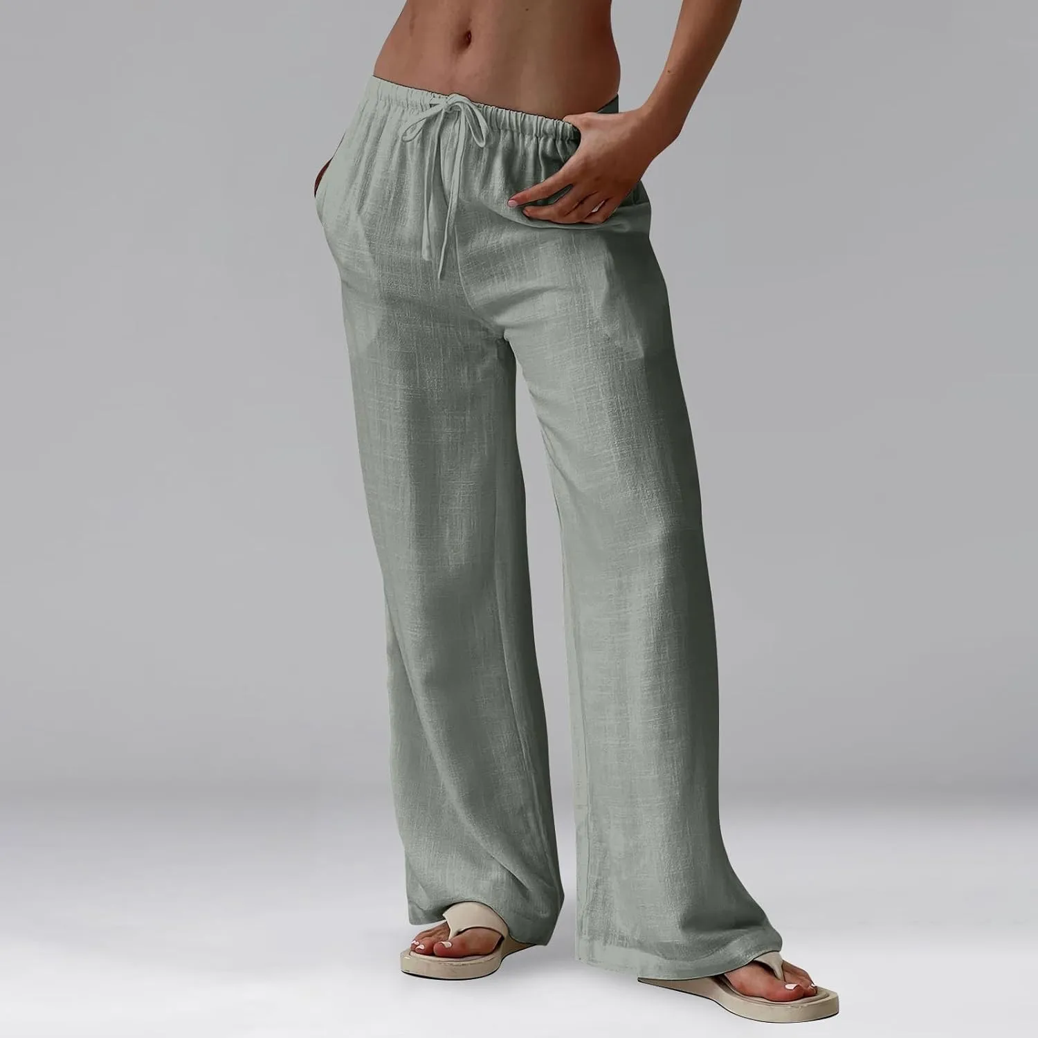 Miyaomn Women's Linen Pants for Summer High Waisted Drawstring Wide Leg Palazzo Pants Casual Boho Beach Trousers with Pockets