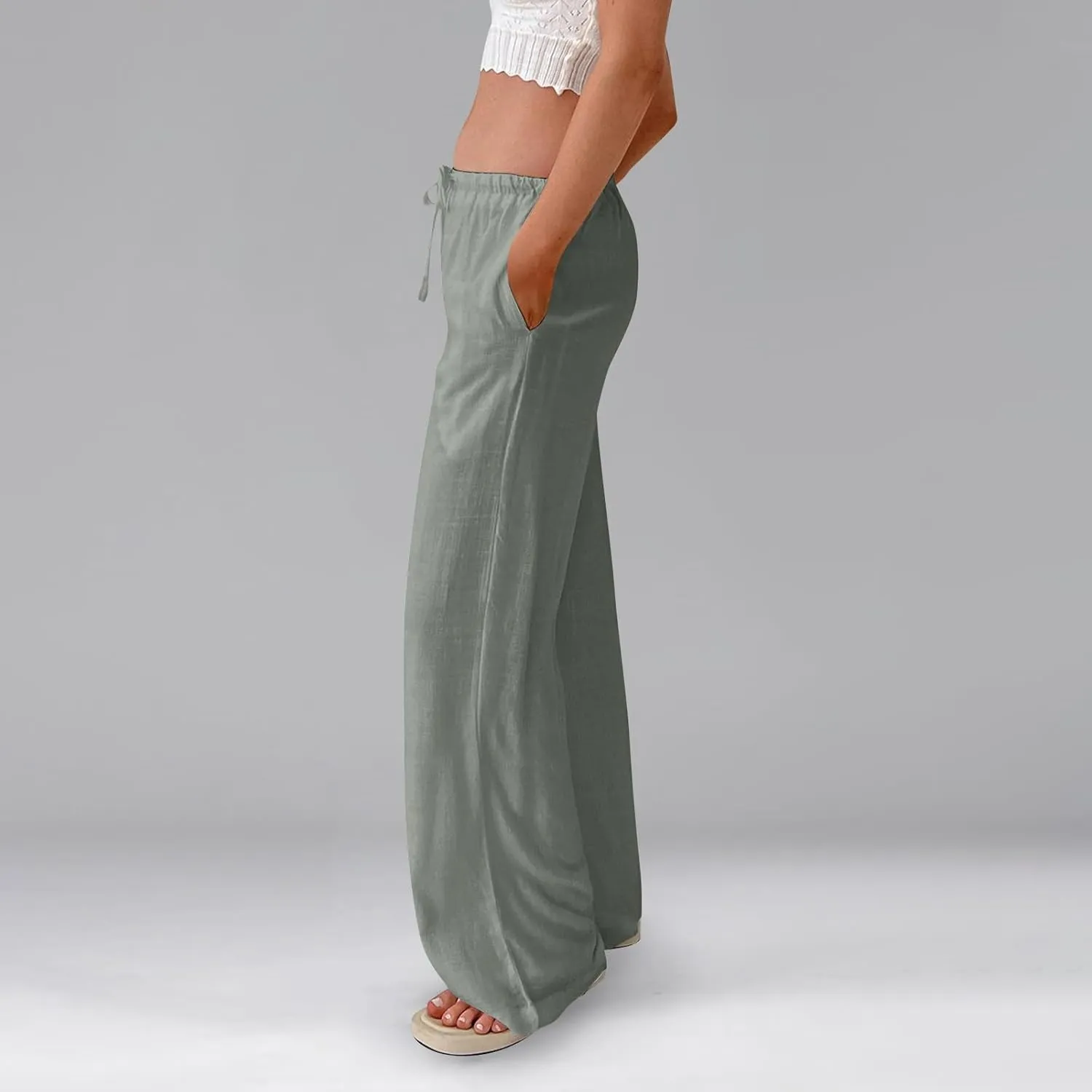 Miyaomn Women's Linen Pants for Summer High Waisted Drawstring Wide Leg Palazzo Pants Casual Boho Beach Trousers with Pockets