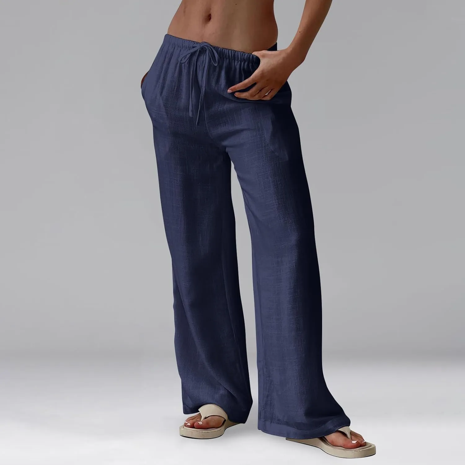 Miyaomn Women's Linen Pants for Summer High Waisted Drawstring Wide Leg Palazzo Pants Casual Boho Beach Trousers with Pockets