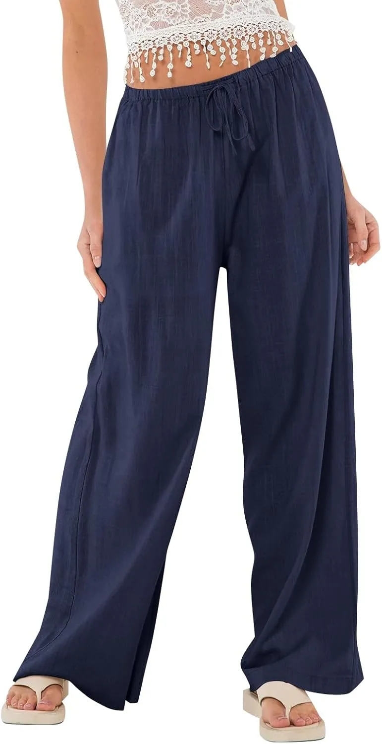 Miyaomn Women's Linen Pants for Summer High Waisted Drawstring Wide Leg Palazzo Pants Casual Boho Beach Trousers with Pockets