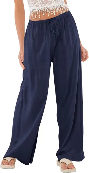 Miyaomn Women's Linen Pants for Summer High Waisted Drawstring Wide Leg Palazzo Pants Casual Boho Beach Trousers with Pockets