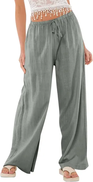 Miyaomn Women's Linen Pants for Summer High Waisted Drawstring Wide Leg Palazzo Pants Casual Boho Beach Trousers with Pockets