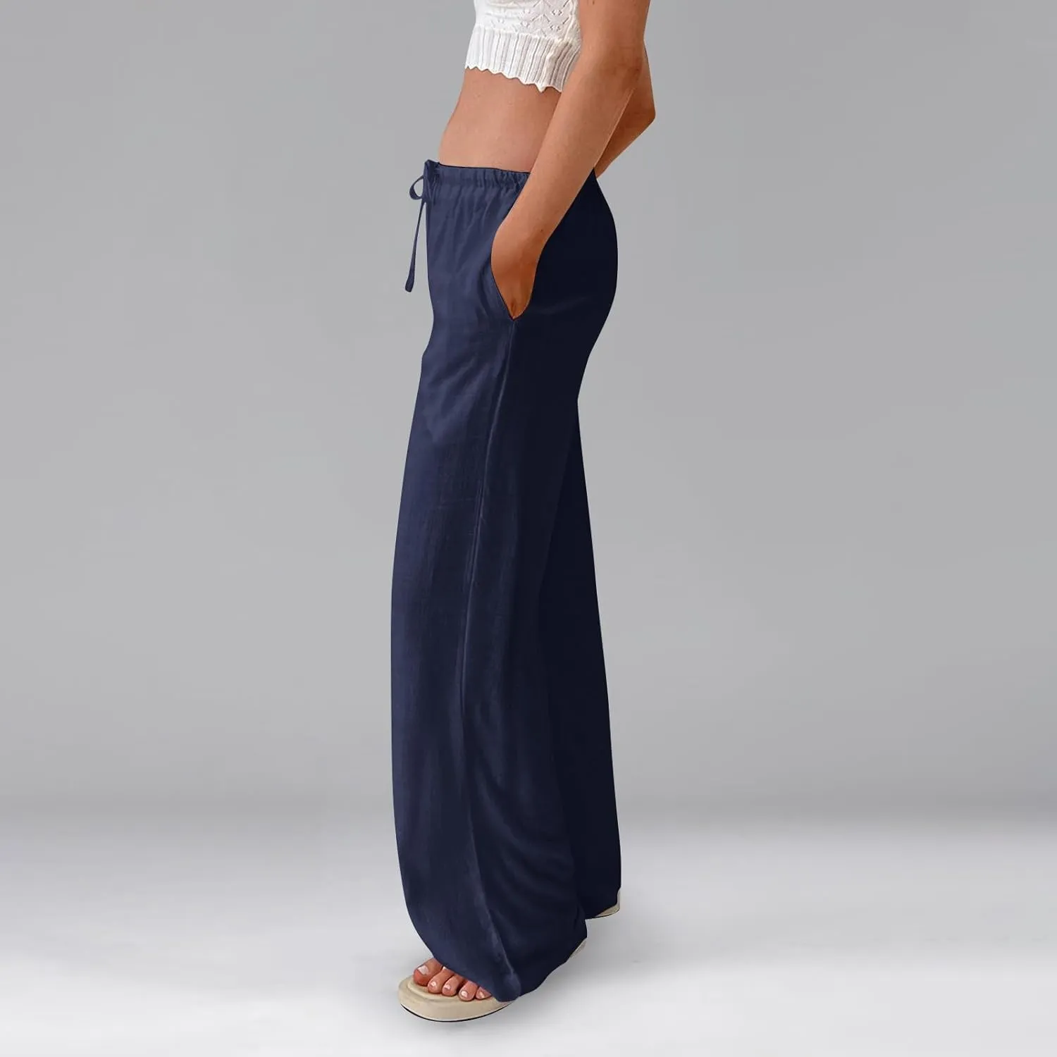 Miyaomn Women's Linen Pants for Summer High Waisted Drawstring Wide Leg Palazzo Pants Casual Boho Beach Trousers with Pockets