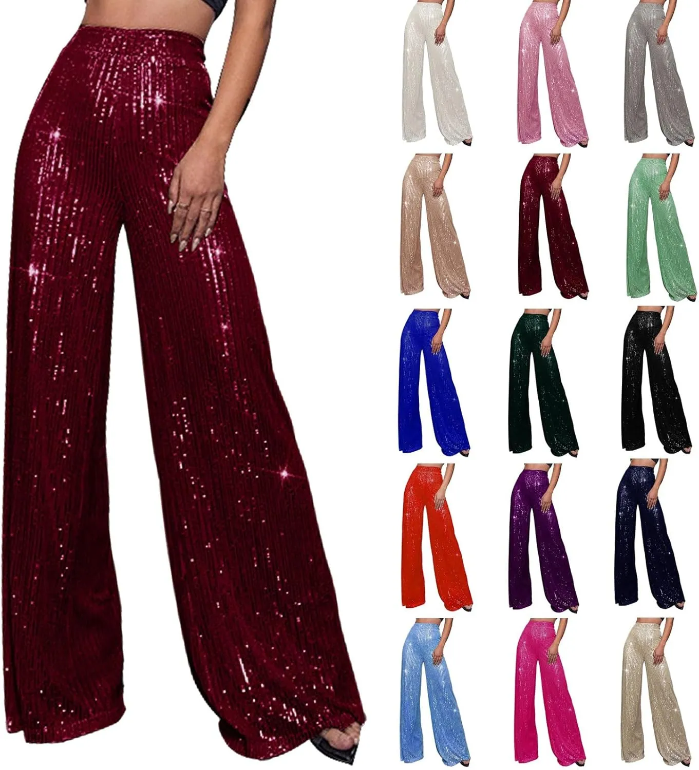 Miyaomn Women's Sparkle Sequin Palazzo Pants Wide Leg High Waisted Bling Glitter Pants Fashion Party Dance Nightclub Trousers
