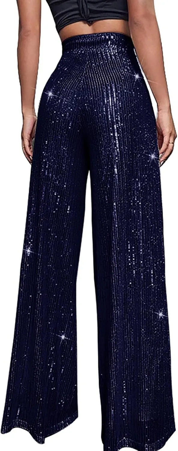 Miyaomn Women's Sparkle Sequin Palazzo Pants Wide Leg High Waisted Bling Glitter Pants Fashion Party Dance Nightclub Trousers