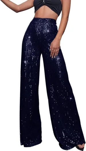 Miyaomn Women's Sparkle Sequin Palazzo Pants Wide Leg High Waisted Bling Glitter Pants Fashion Party Dance Nightclub Trousers