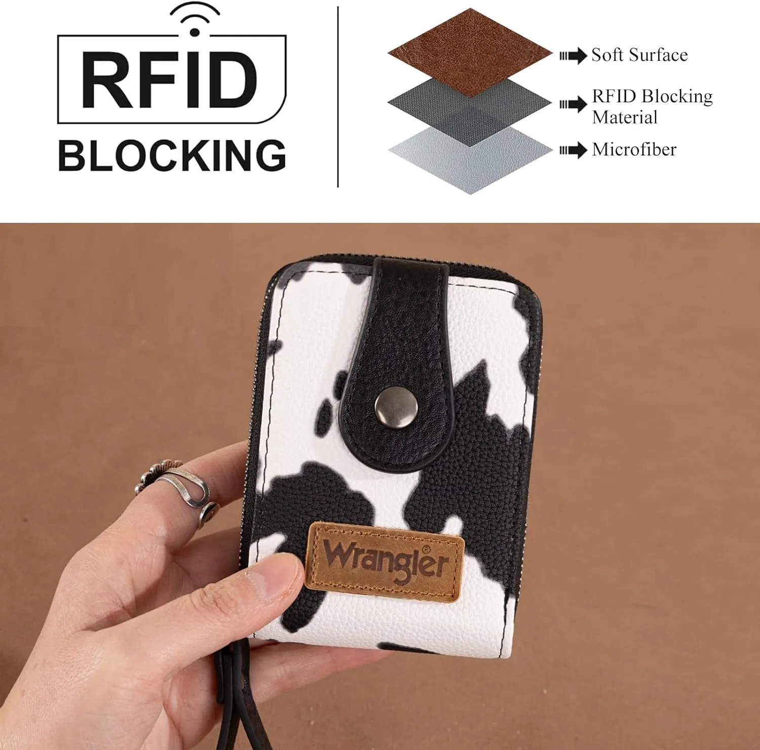 Montana West X Wrangler Cow Print Wallet Women Small Credit Card Holder with Rfid Blocking Zip Credit Card Case,Compact & Easy to Carry Gifts for Women