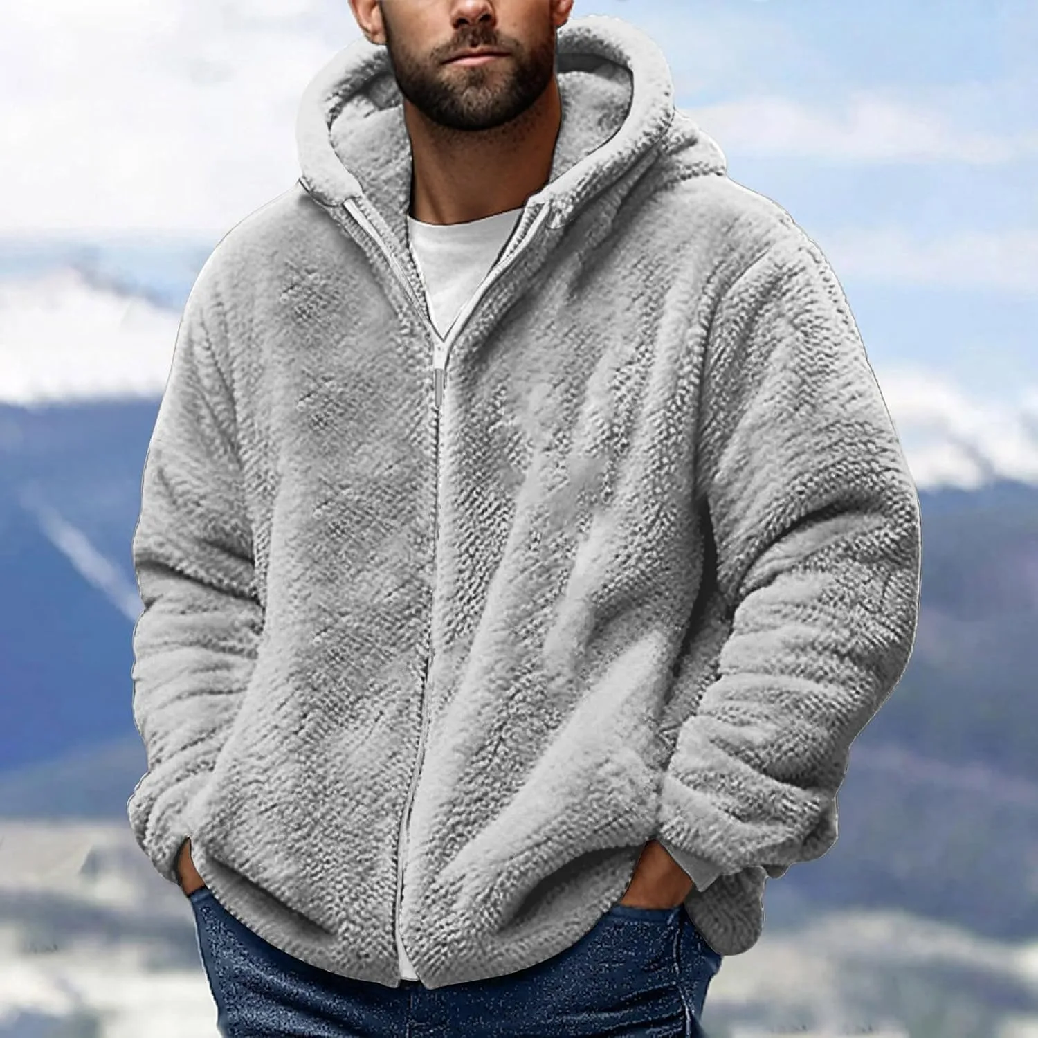 Muscularfit Mens Fuzzy Sherpa Jacket Fleece Long Sleeve Full-Zip Hooded Shirt Casual Warm Winter Jacket Coats Outdoor Fashion