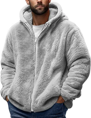 Muscularfit Mens Fuzzy Sherpa Jacket Fleece Long Sleeve Full-Zip Hooded Shirt Casual Warm Winter Jacket Coats Outdoor Fashion