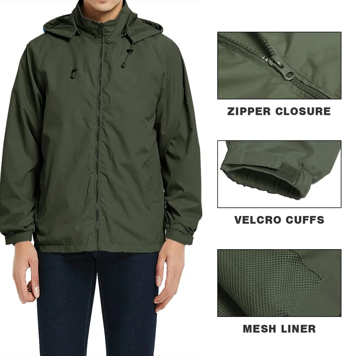 MYJAJAYI Mens Lightweight Windbreaker Waterproof Rain Jacket Hooded Windbreaker Jacket with Zipper Closure