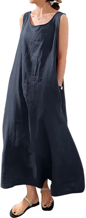 Mywinway Cotton Linen Dresses for Women 2025 Spring Summer Sleeveless Beach Sundress Casual Maxi Tunic Tank Dress
