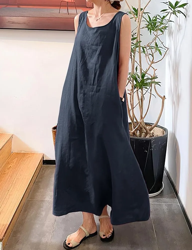 Mywinway Cotton Linen Dresses for Women 2025 Spring Summer Sleeveless Beach Sundress Casual Maxi Tunic Tank Dress