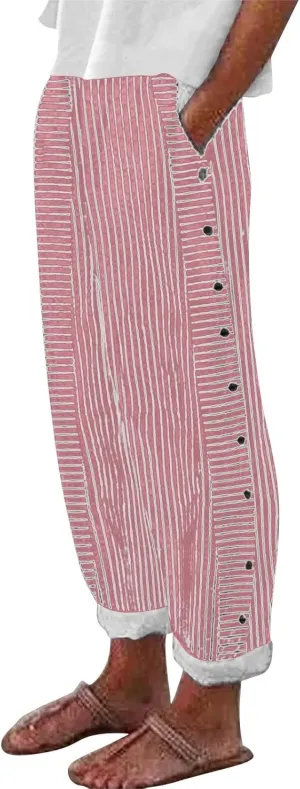 NREALY Striped Linen Pants for Women Wide Straight Leg Side Button Pants Womens 2024 Baggy Elastic Waist Pants