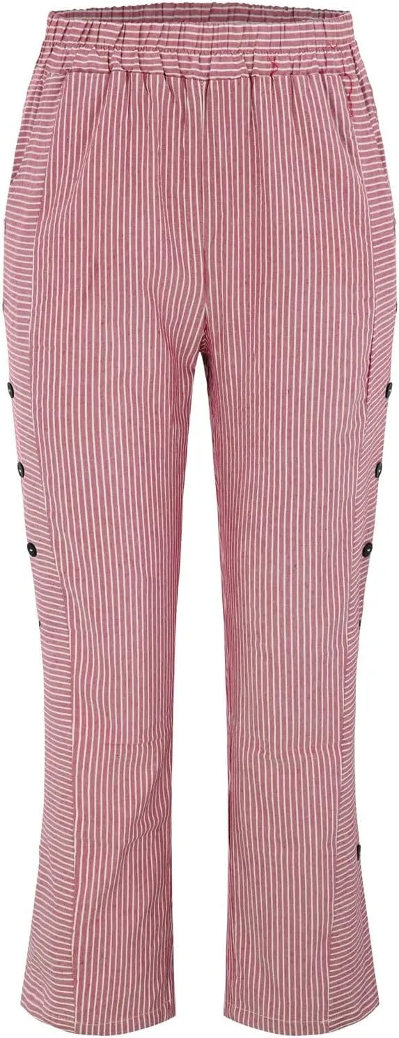 NREALY Striped Linen Pants for Women Wide Straight Leg Side Button Pants Womens 2024 Baggy Elastic Waist Pants