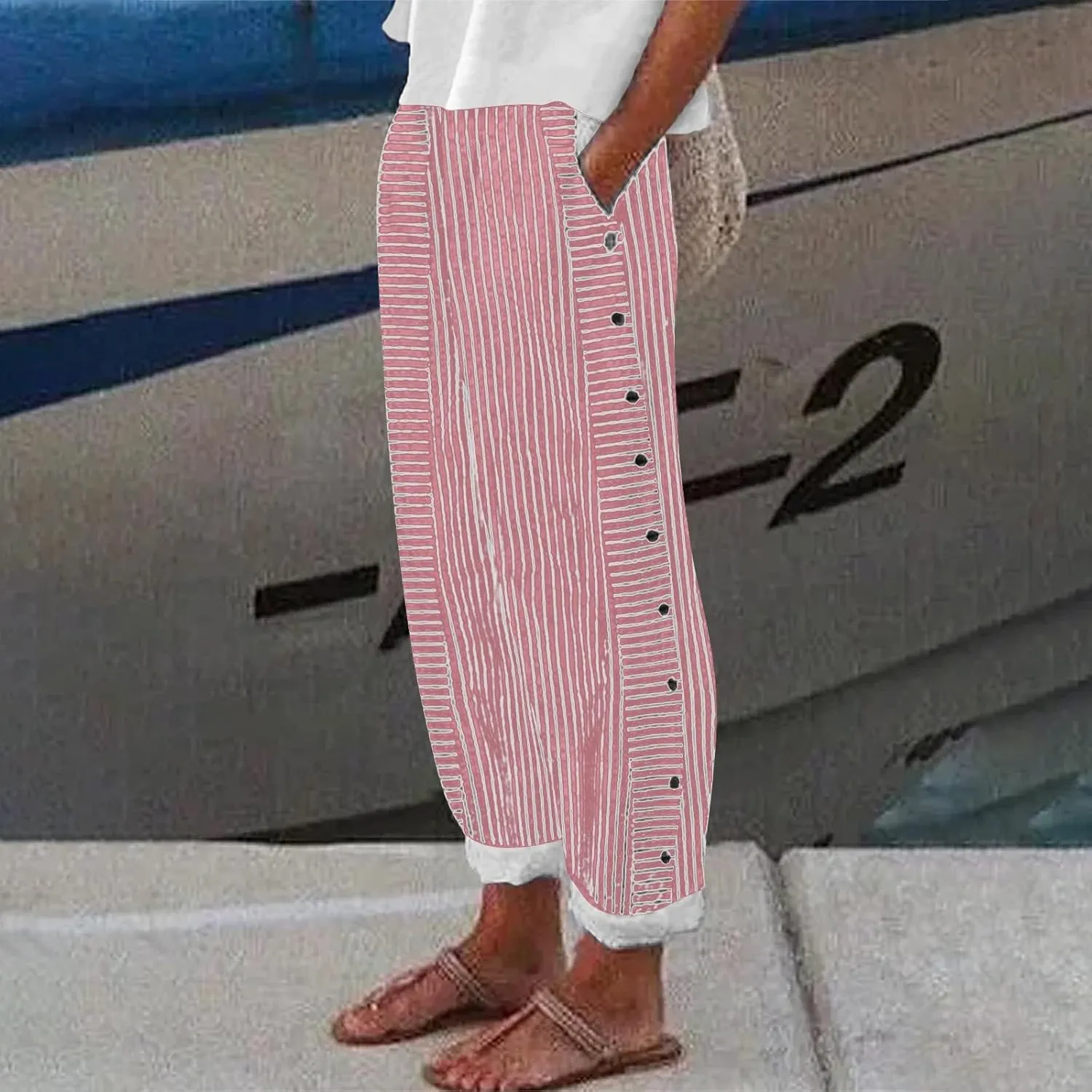 NREALY Striped Linen Pants for Women Wide Straight Leg Side Button Pants Womens 2024 Baggy Elastic Waist Pants